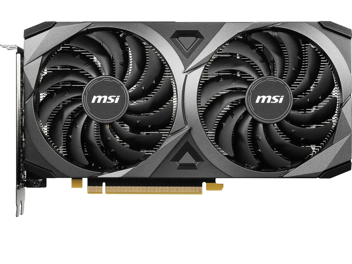 Black dual-fan graphics card with silver accents