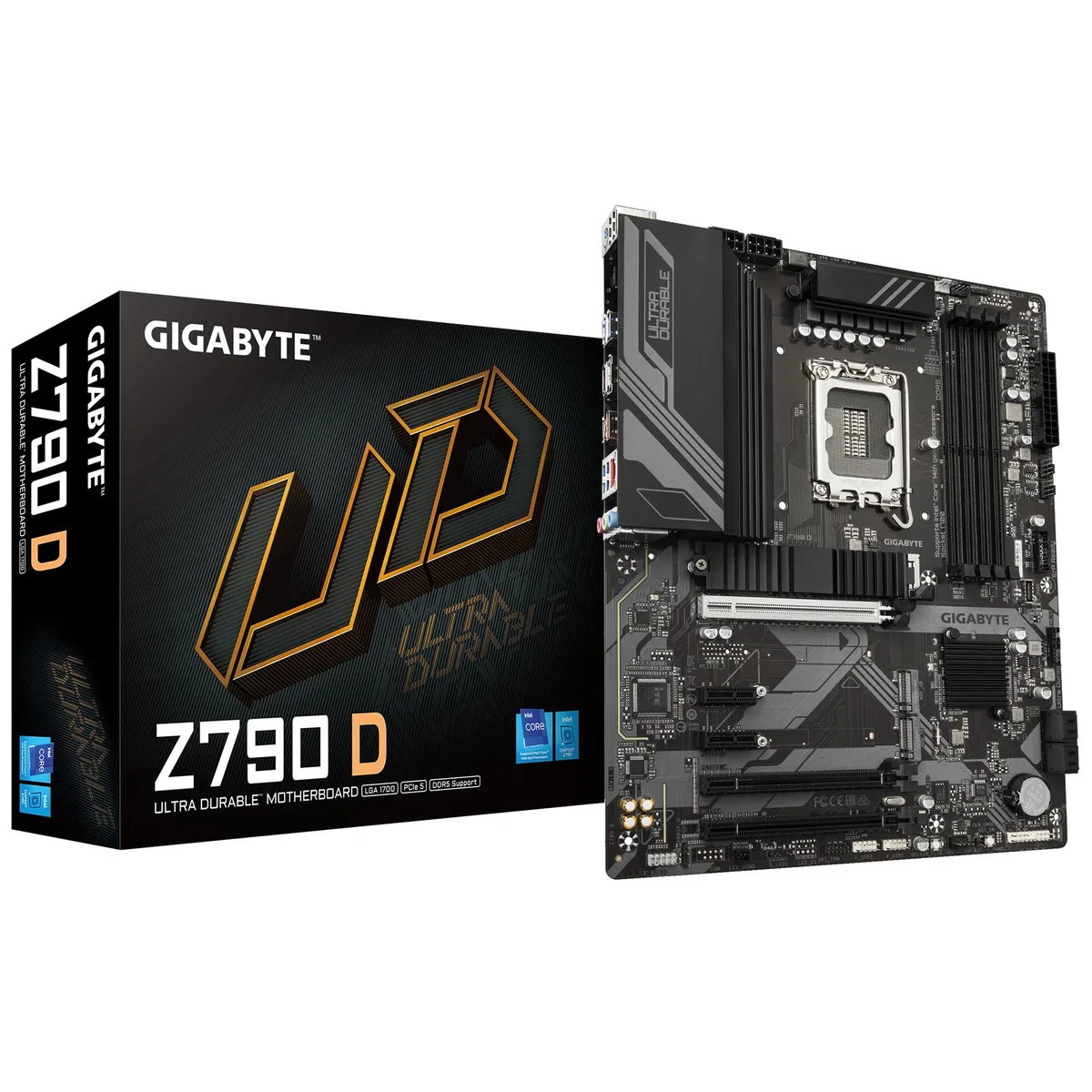 ATX motherboard, black PCB, silver heatsinks, LGA 1700 socket, four DDR4 slots