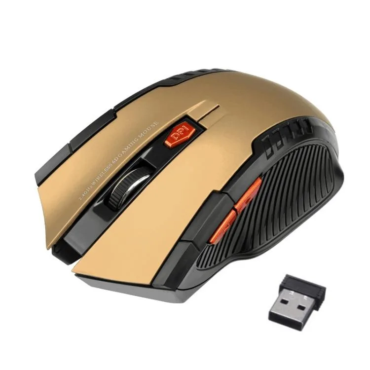Gold wireless optical mouse with six buttons and USB receiver