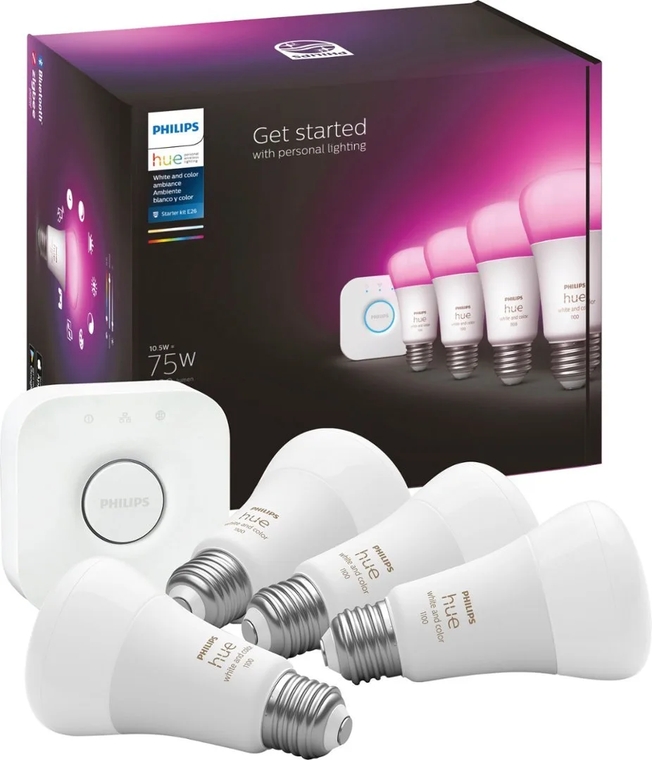 Philips Hue Philips Hue 563296 Starter Kit E26 10.5W A19 4 bulbs Bridge Bluetooth — صورة المنتج
