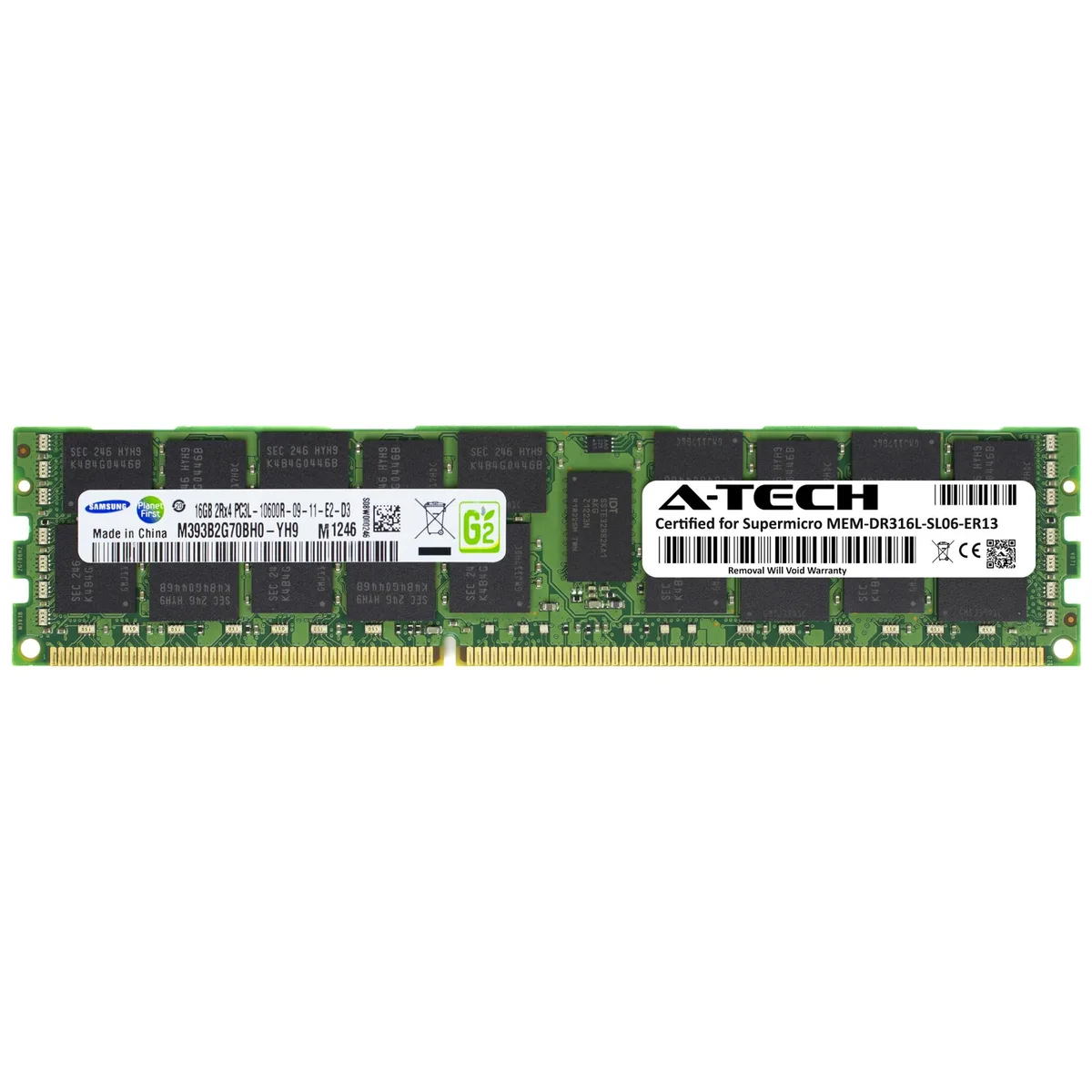 Green 240-pin DDR3L ECC registered DIMM with black Samsung chips
