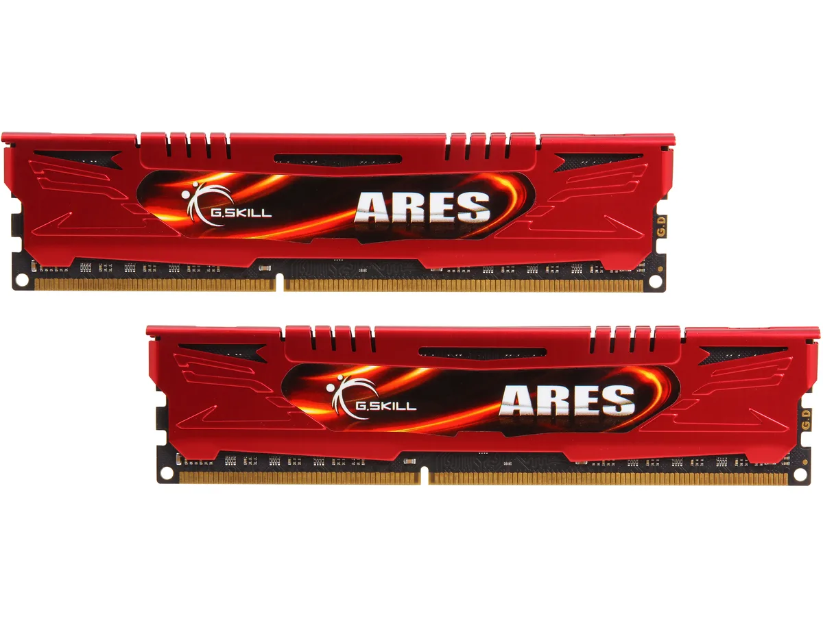 Two red low-profile DDR3 modules with green LEDs
