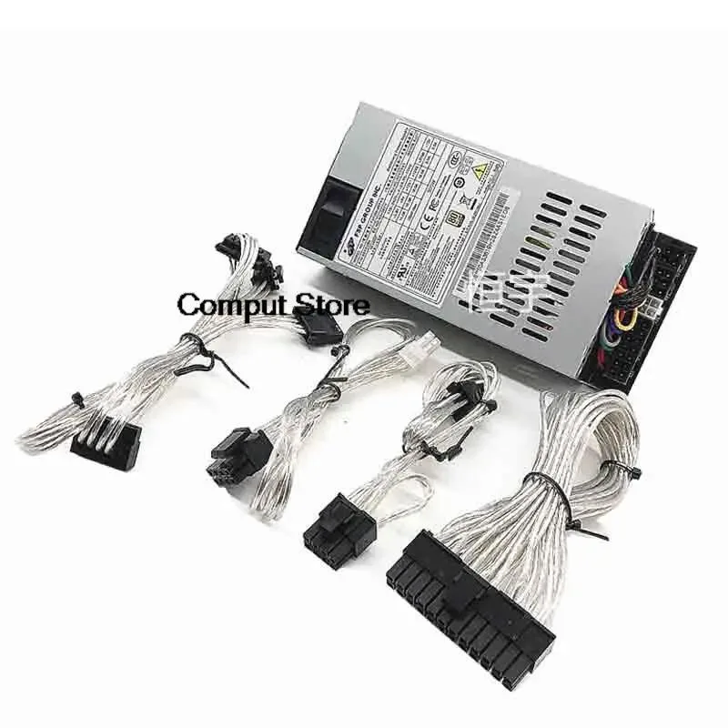 Silver rectangular 1U industrial power supply unit with ventilation grille and connector panel