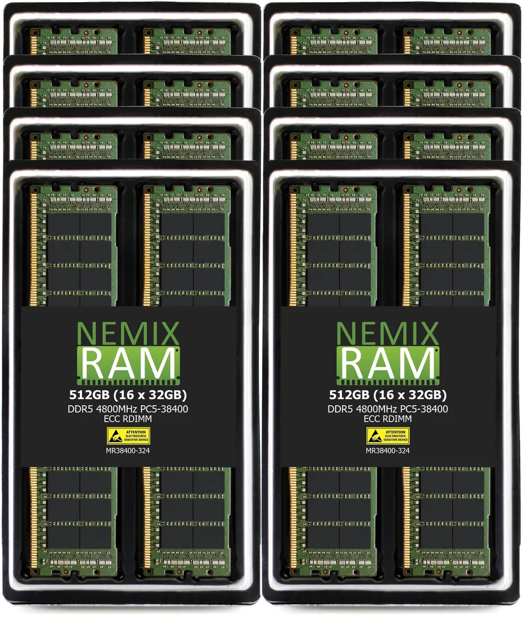 Sixteen green DDR5 server memory modules, no heat spreaders