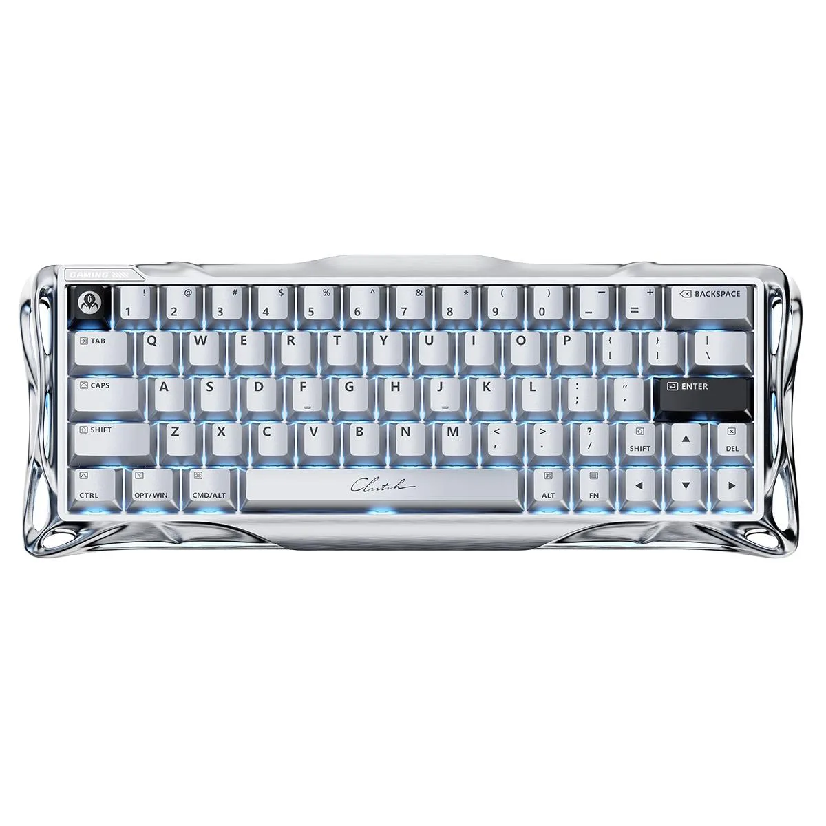 Compact 64-key gaming keyboard with chrome silver aluminum frame