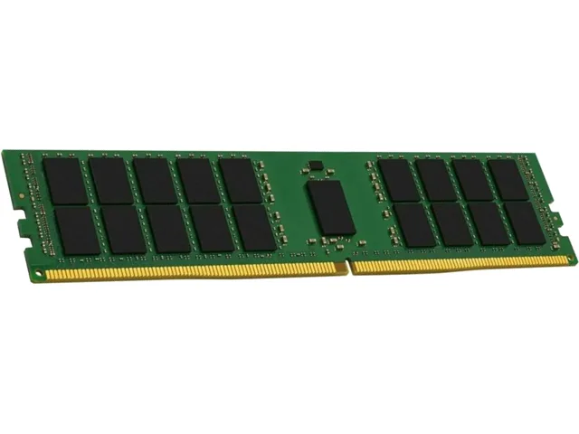 Green circuit board with black memory chips, gold edge connector, no heat spreader