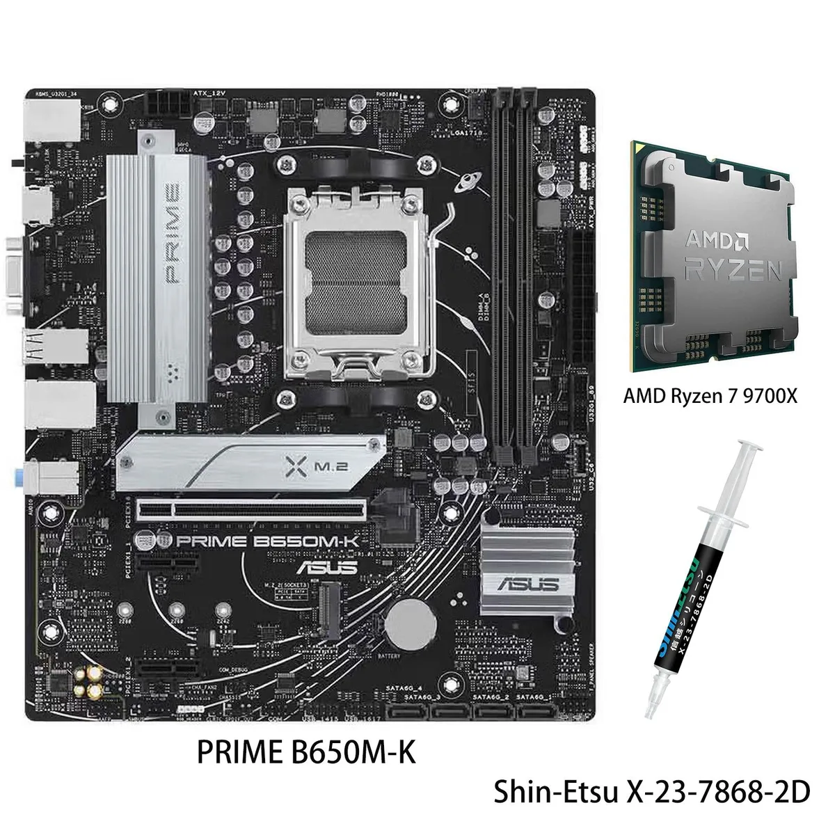 ASUS PRIME B650M-K micro-ATX motherboard with AMD Ryzen 7 9700X processor installed