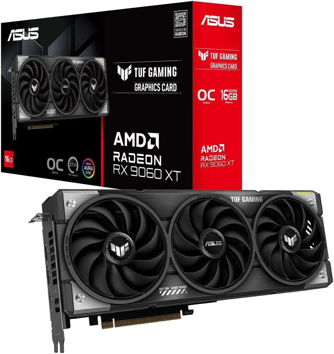 ASUS TUF Gaming Radeon RX 9060 XT graphics card with dark shroud and triple axial fans