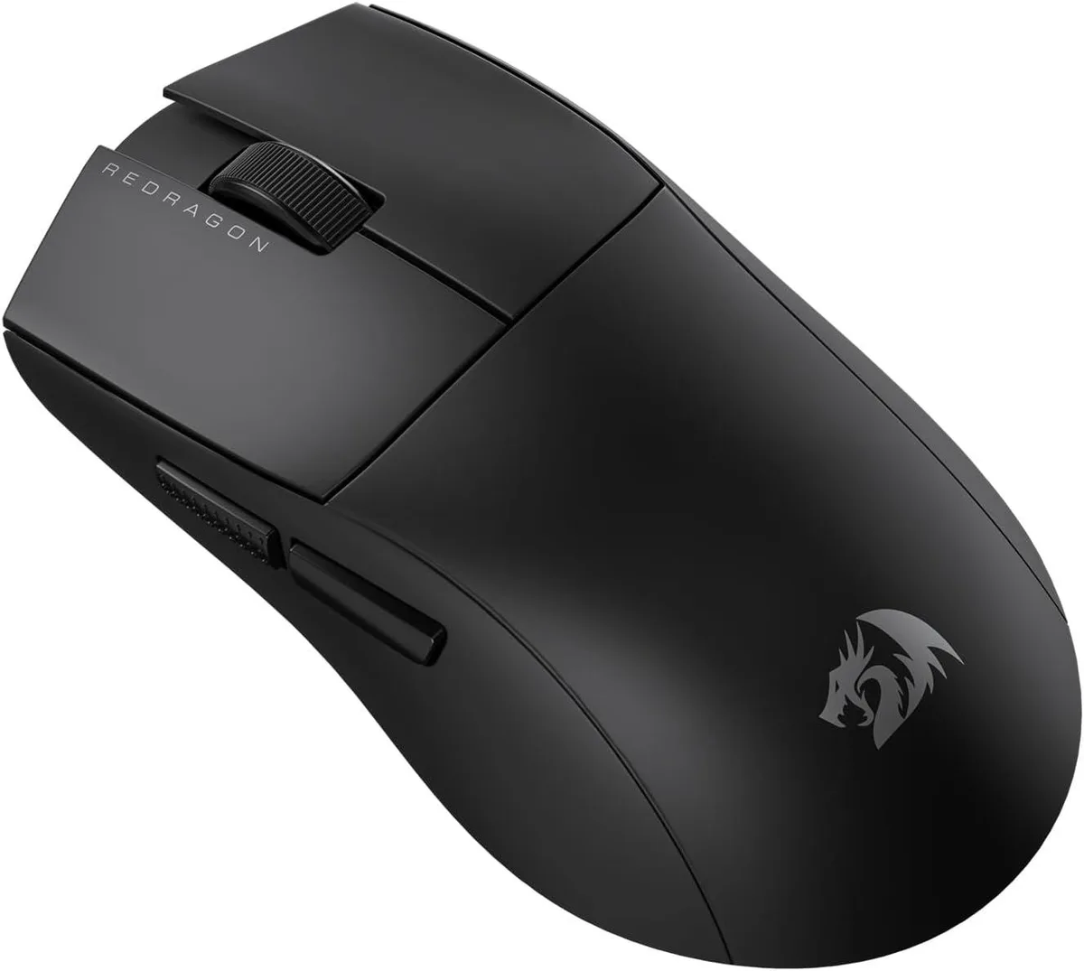 Redragon M916 wireless gaming mouse, lightweight matte black right-hand shape with five buttons and scroll wheel