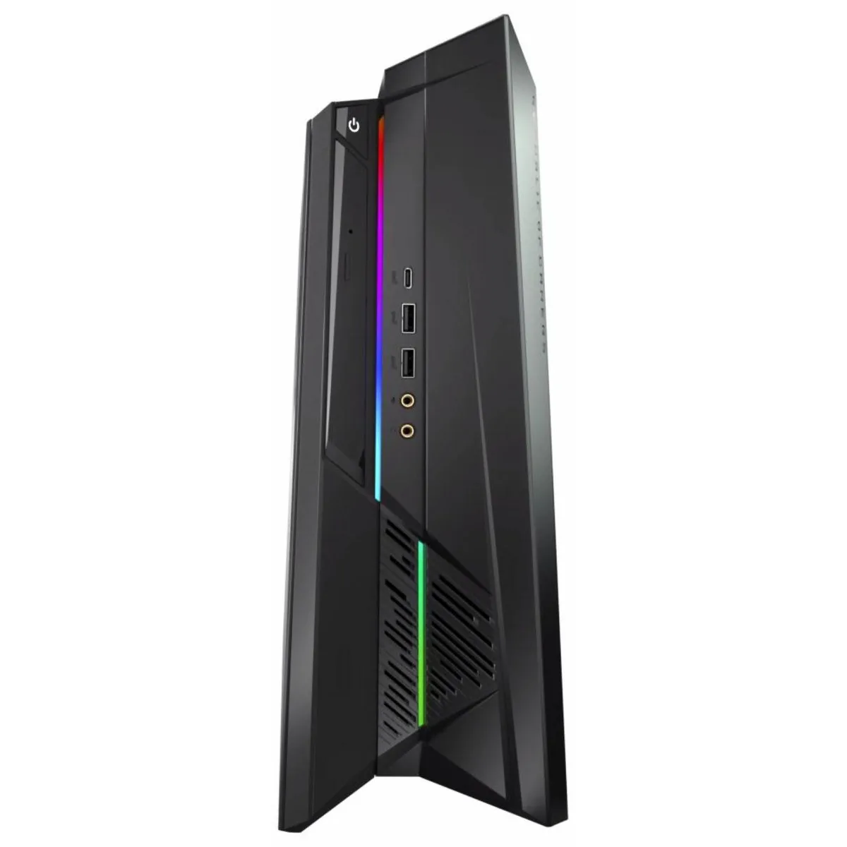 Black compact gaming desktop with angular ROG styling