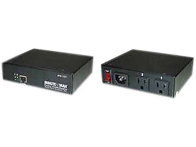 Compact horizontal PDU in black metal, two rear outlets, front network port, six-foot cord with NEMA 5-15P plug
