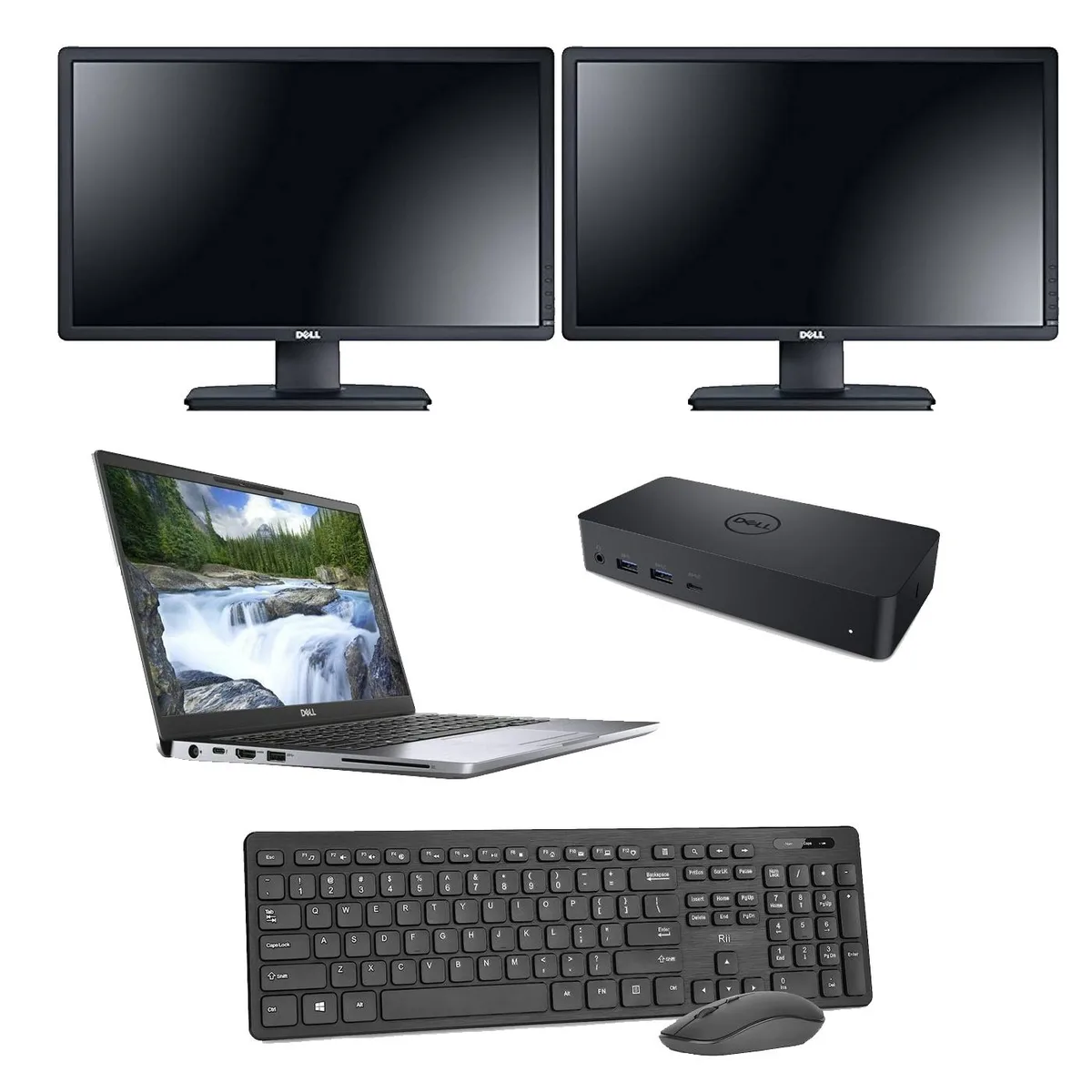 Closed black 14 laptop on dock with two 24 monitors keyboard mouse