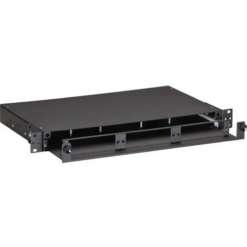Black metal 1U rack shelf, nineteen inches wide, three adapter slots, pull-out tray visible