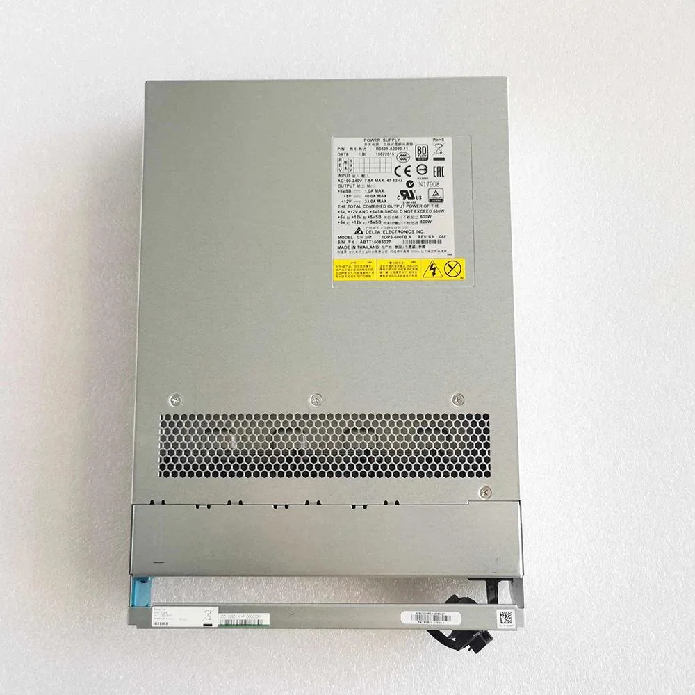 Silver rectangular server power supply unit with rear fan grille and model label 3285197-P