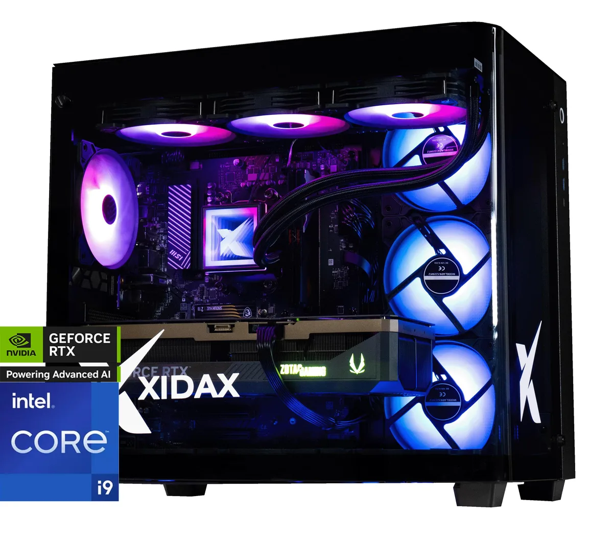 Black mid-tower gaming desktop with curved glass side panel and ten RGB fans