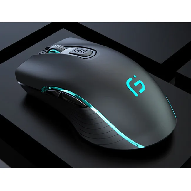 Black right-handed wireless gaming mouse with six buttons and dual-mode switch underneath