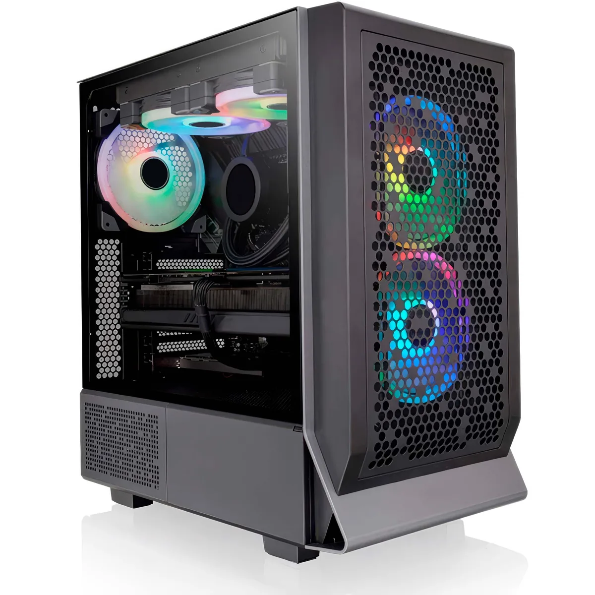 Black mid-tower with tempered glass side panel, ARGB front fans, liquid CPU cooler visible through glass