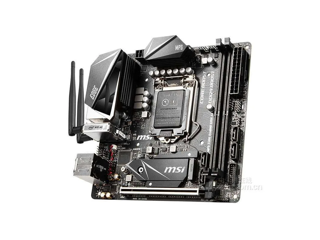 Compact Mini-ITX motherboard in matte black with silver heatsinks and rear I/O shield