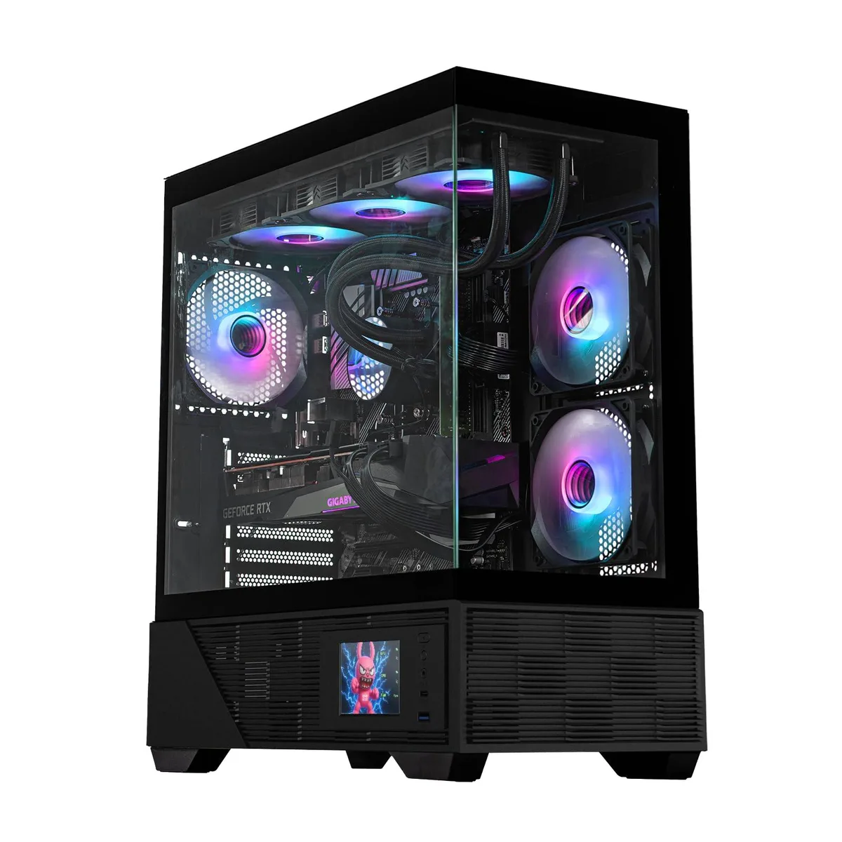 Black mid-tower case with front LCD panel, panoramic tempered glass panels, three ARGB fans installed