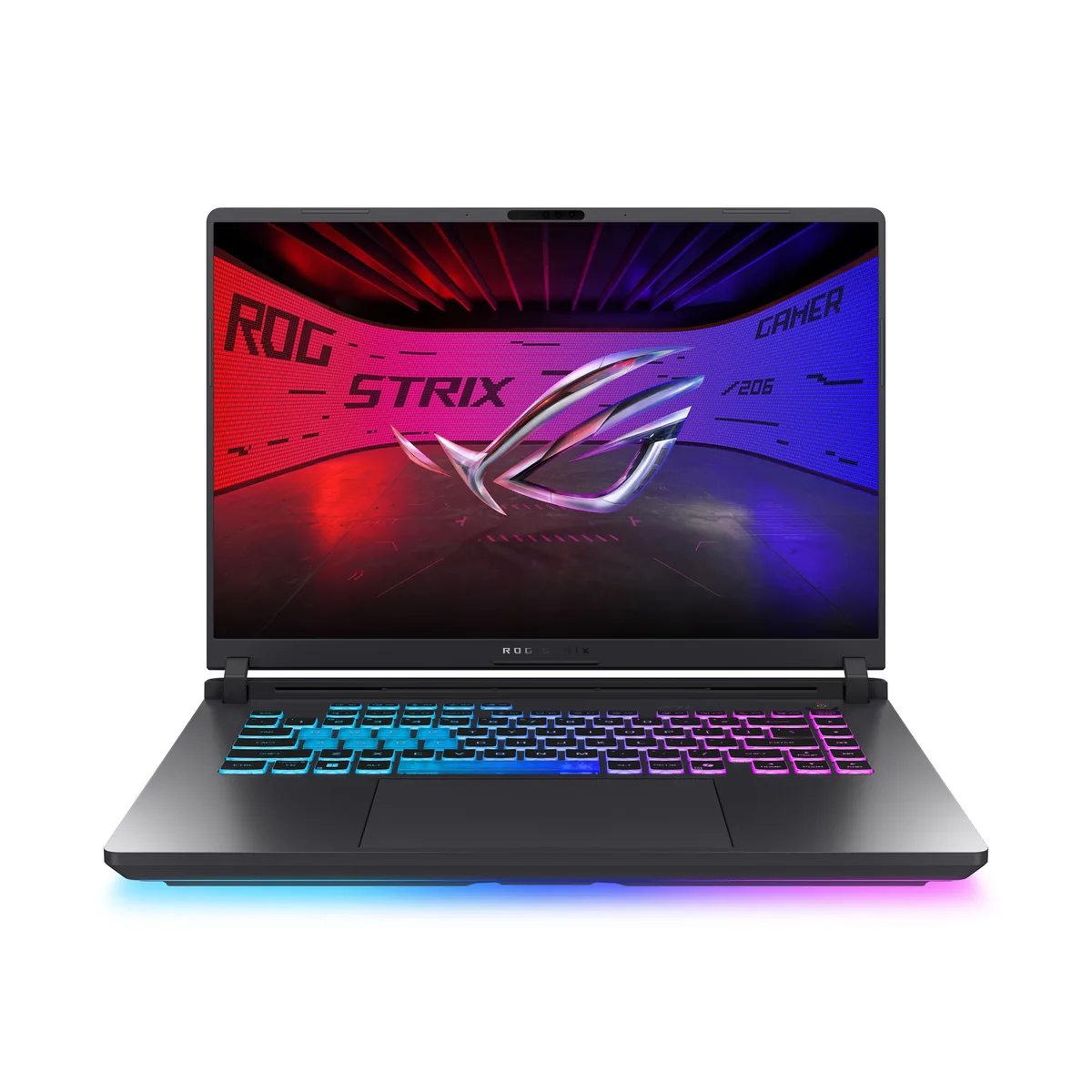 ASUS ROG Strix G16 laptop, dark chassis, 16 inch display, RGB light bar
