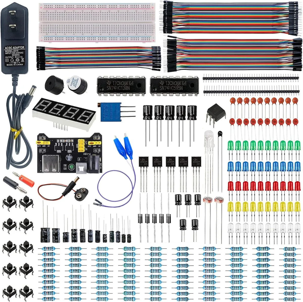 MCDODO MCDODO Electronics Fun Kit 830 Breadboard Power Module 9V 1A 3.3V 5V 12 Cap 10 Res 32 Component — 商品照片