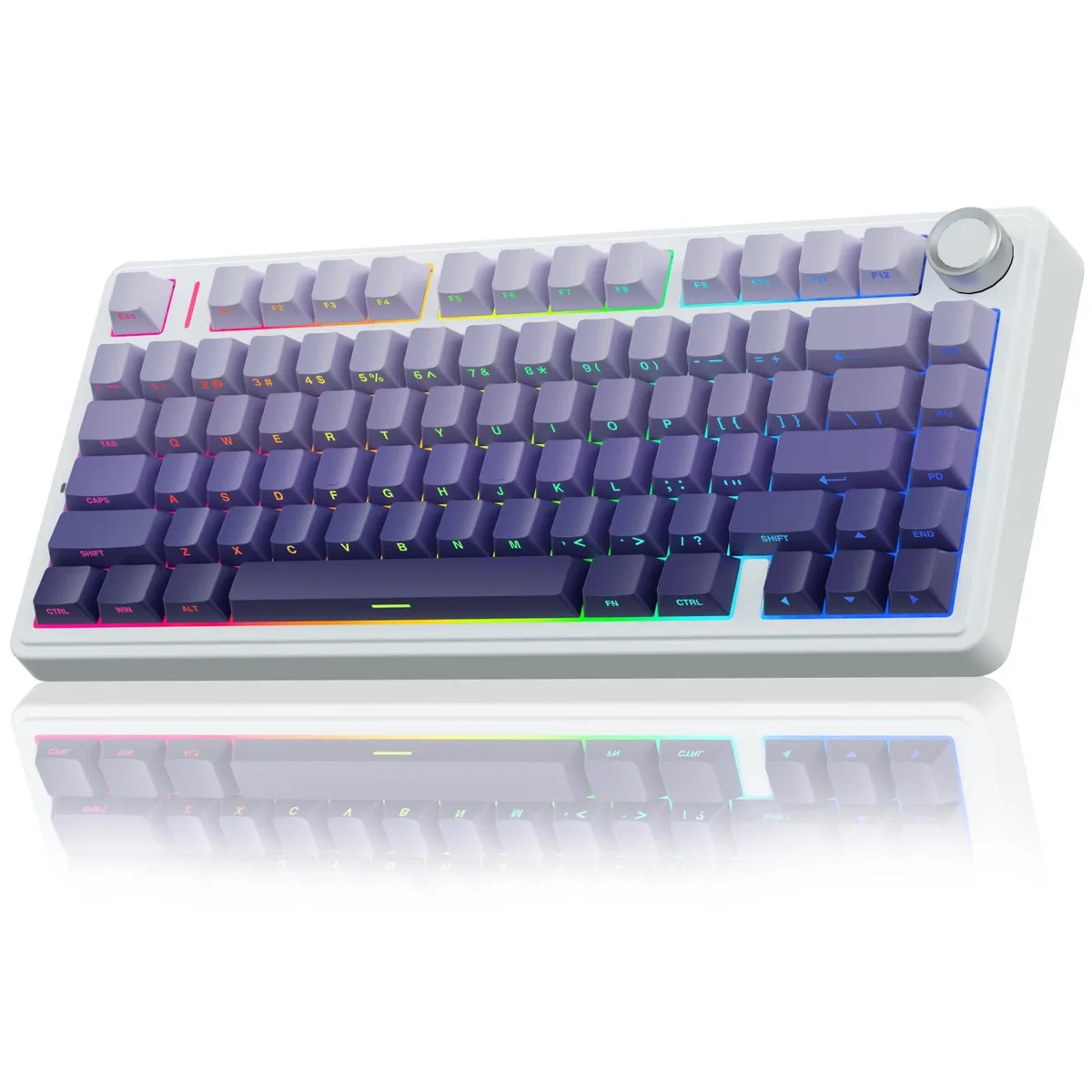 Compact 75 percent mechanical keyboard in gradient purple plastic with side printed PBT keycaps and a rotary knob