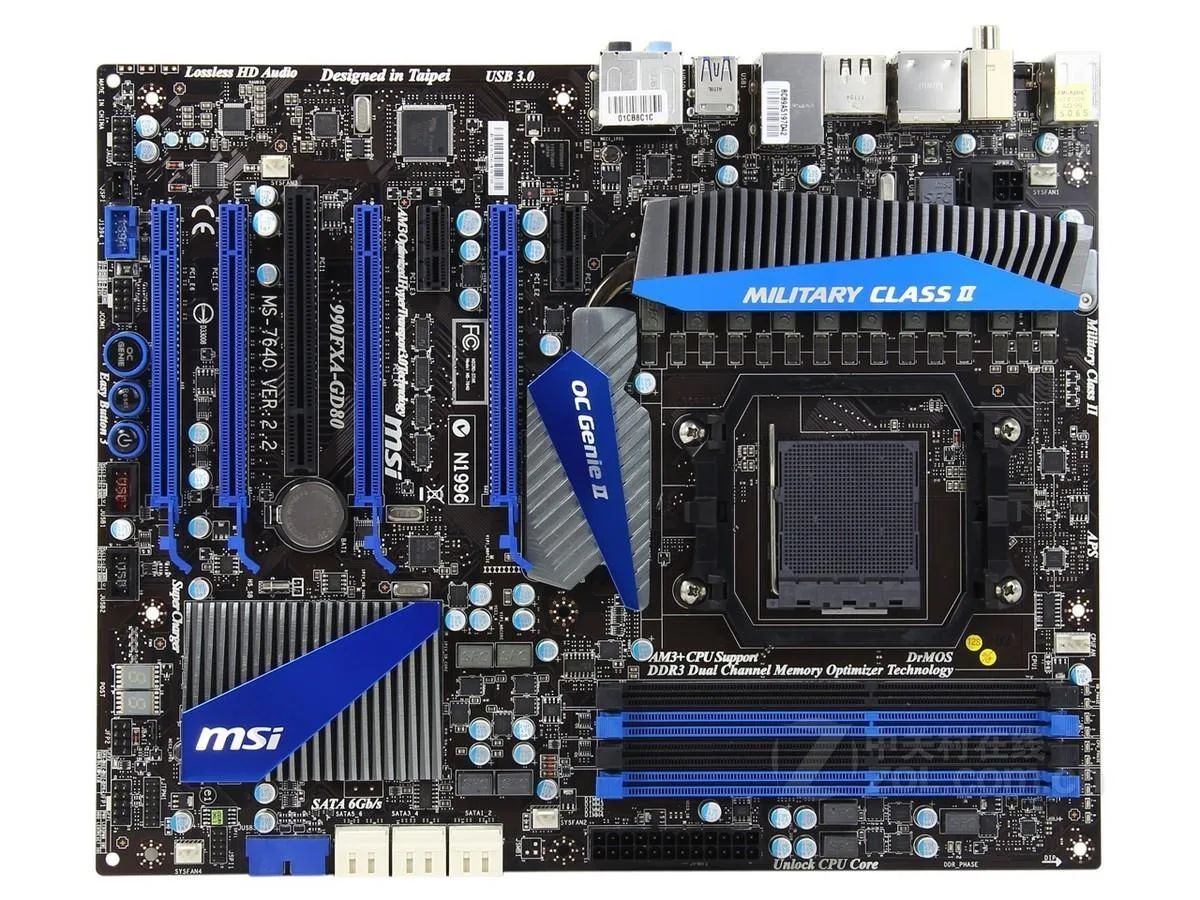 Rectangular ATX motherboard with black PCB, silver heatsinks and blue slots
