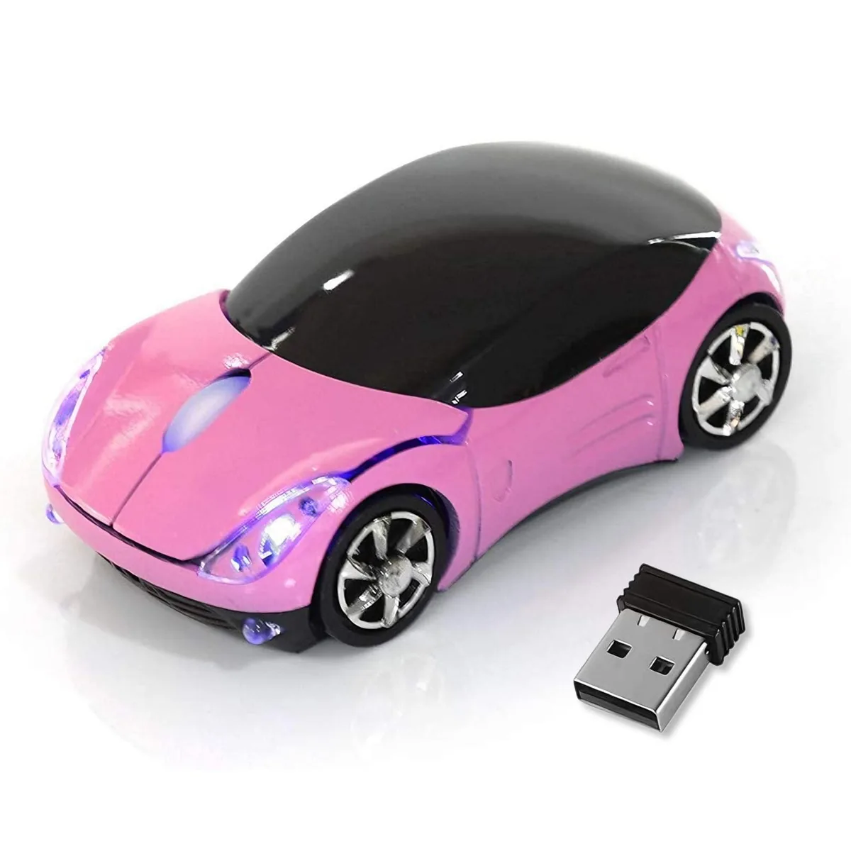 Black car-shaped wireless mouse with 16 buttons and LED lights