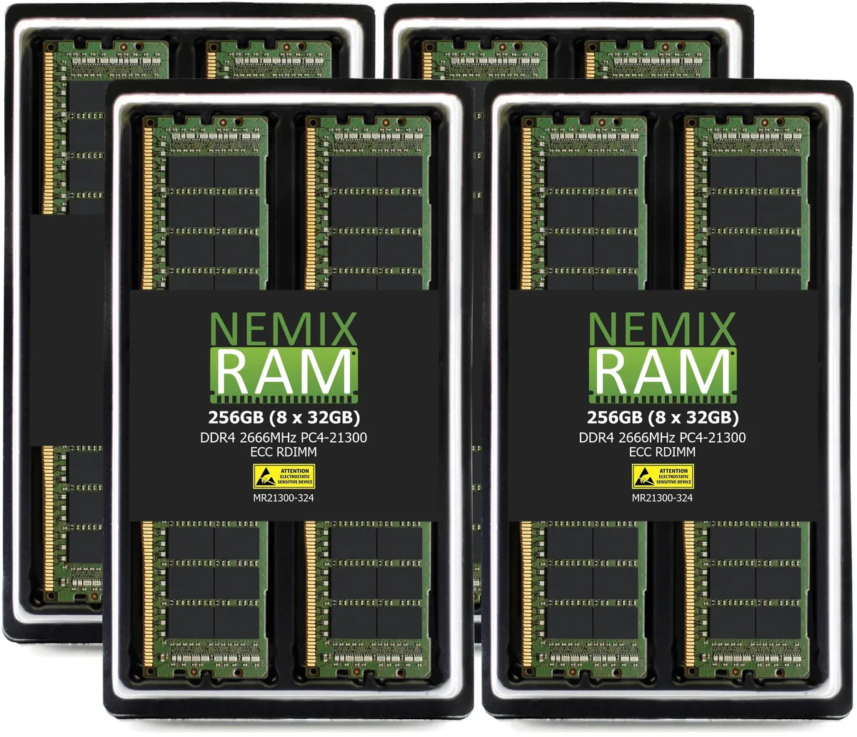 Eight green 288-pin DDR4 RDIMM sticks in anti-static tray