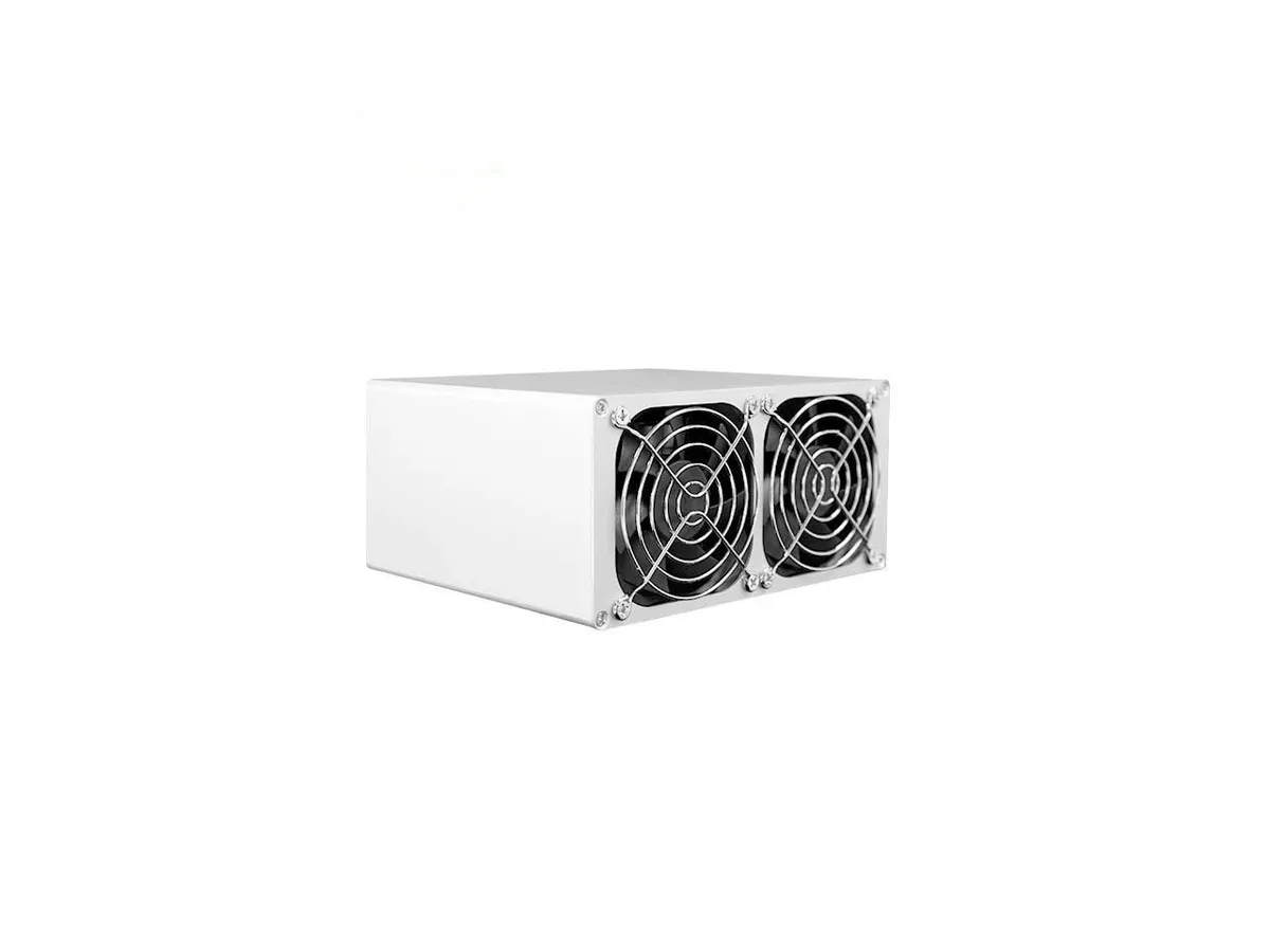 Compact white cube miner with Ethernet and WiFi, 175 by 150 by 84 millimetres, low noise at 35db