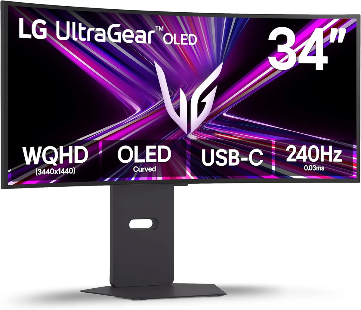 Black 34 inch curved OLED gaming monitor on adjustable stand