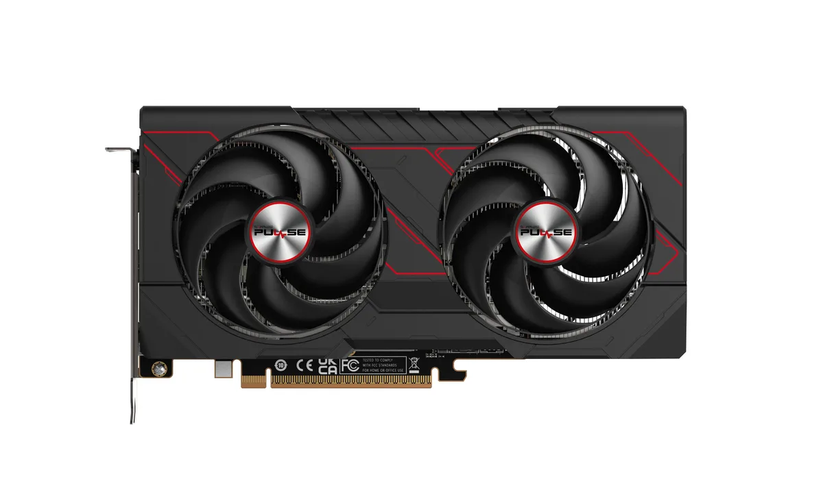 Black dual-fan graphics card with silver backplate, ATX form factor
