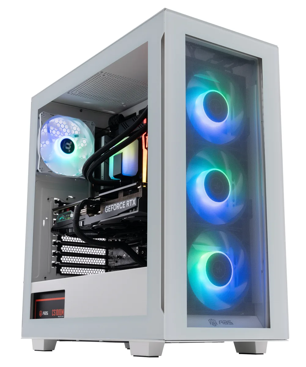 White mid-tower PC with RGB liquid cooling visible through glass panel
