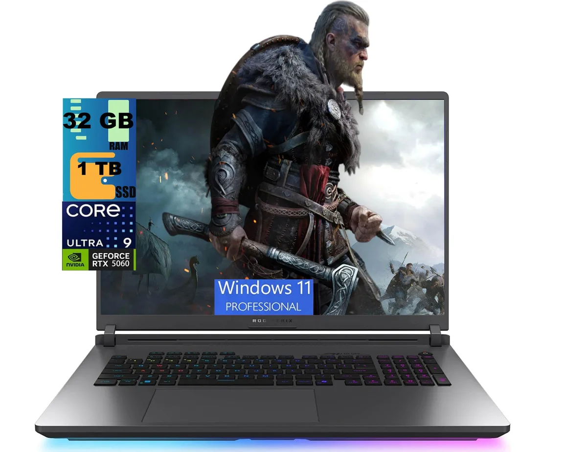Black 18-inch gaming laptop with RGB backlit keyboard