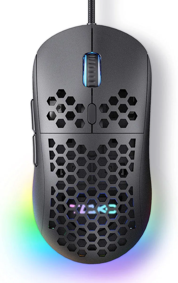 Matte black honeycomb gaming mouse with RGB lighting