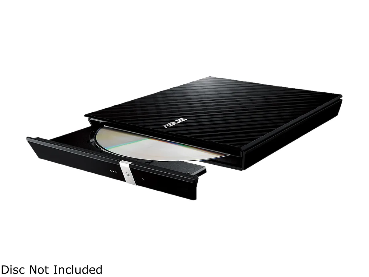 Slim black external DVD writer with tray load