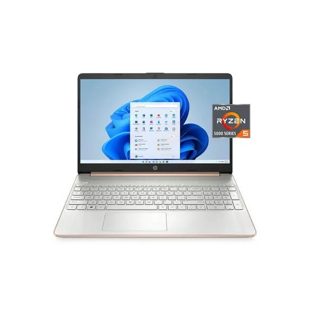Pale rose gold 15.6 inch HP laptop closed on a plain background