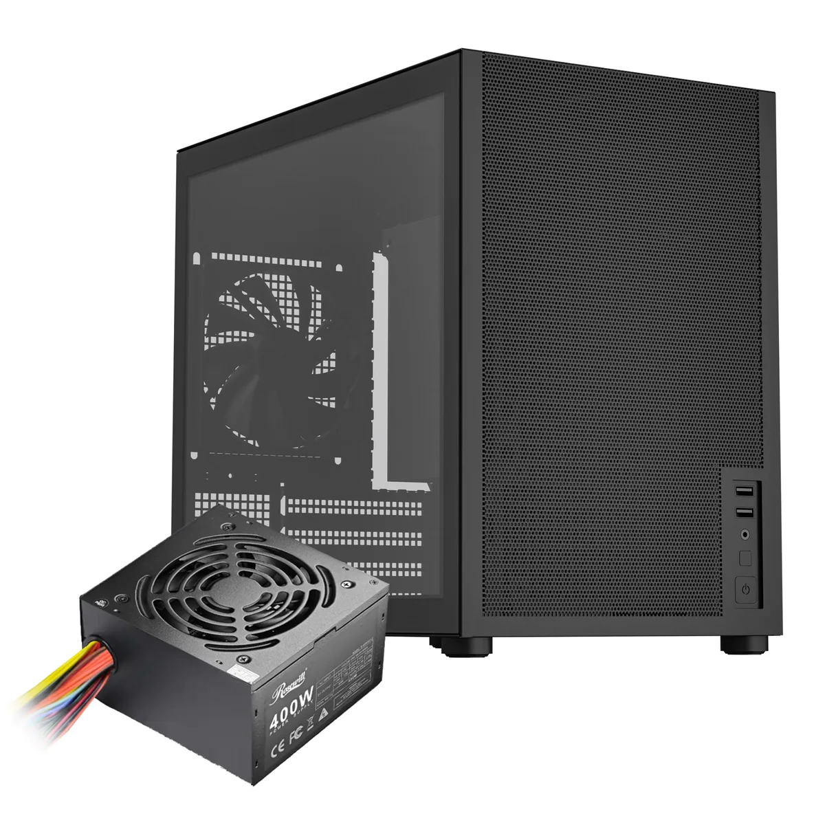 Black micro ATX mini tower with tempered glass side panel and top carry handle