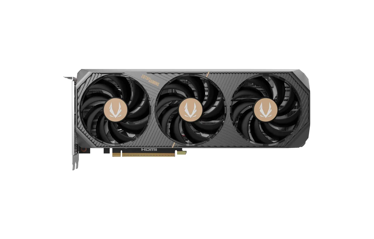 Compact black graphics card with triple fans and metal backplate