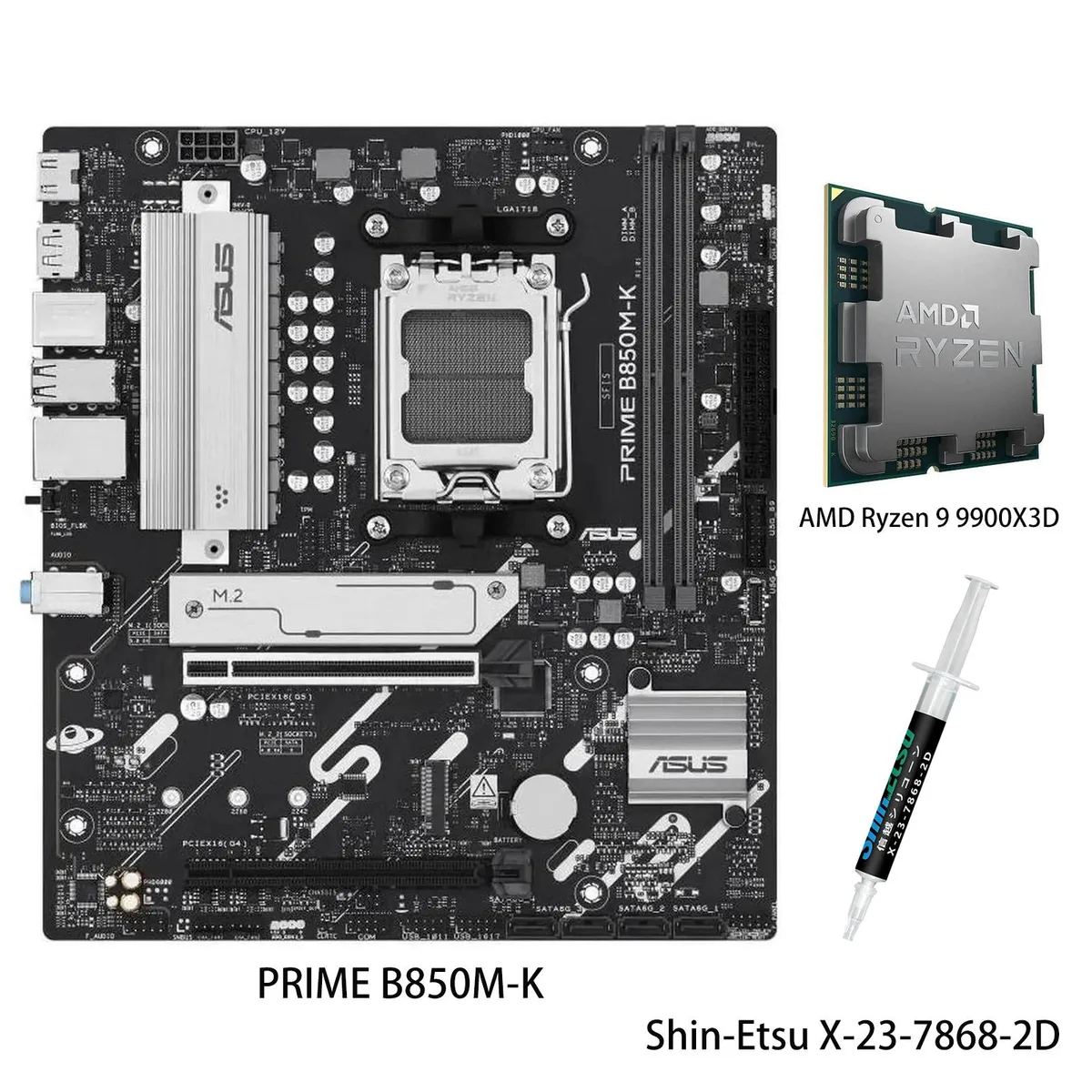 ASUS PRIME B850M-K micro-ATX motherboard with Ryzen 9 9900X3D CPU installed