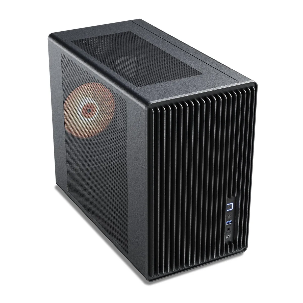 Compact black micro-ATX tower with mesh front panel and no side window