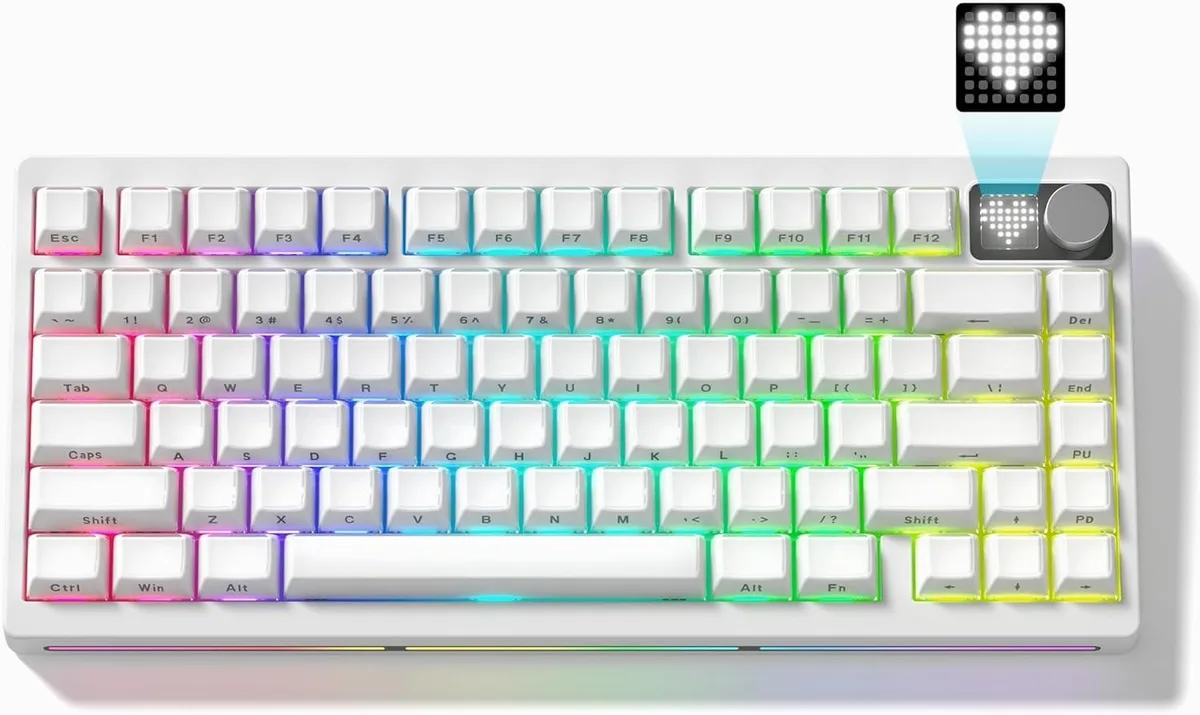 White 75% wireless mechanical keyboard with metal knob and dot-matrix RGB display