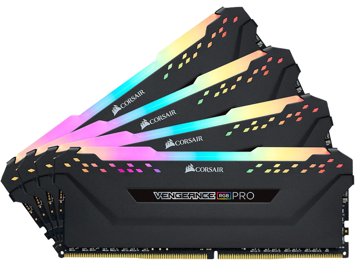 Four black anodized aluminum DDR4 modules with RGB lighting