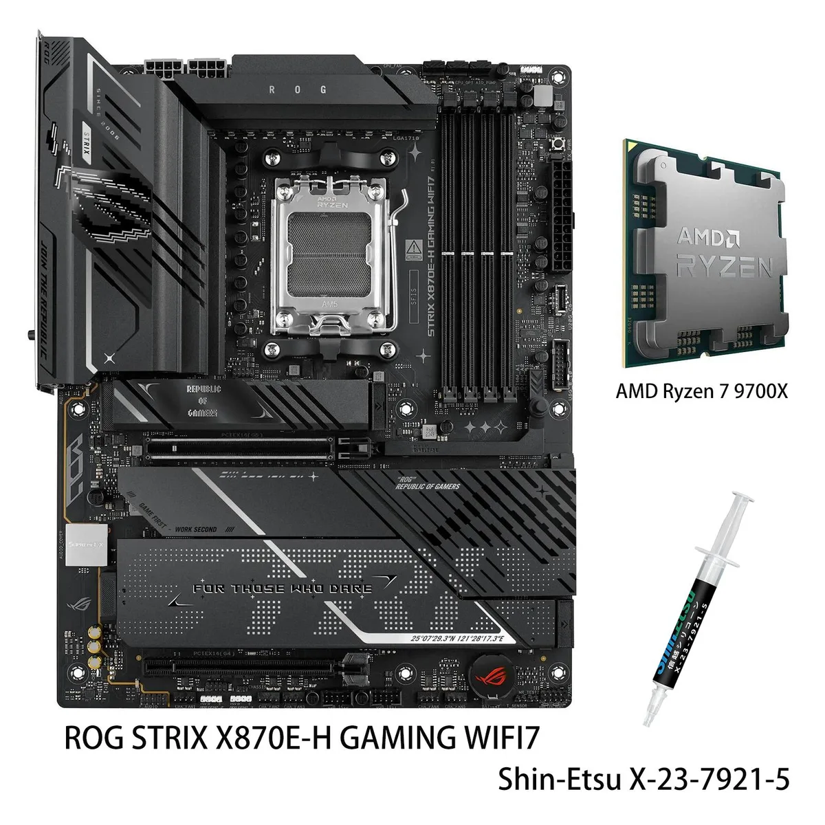 ATX motherboard in black with silver heatsinks and bundled Ryzen 7 9700X CPU