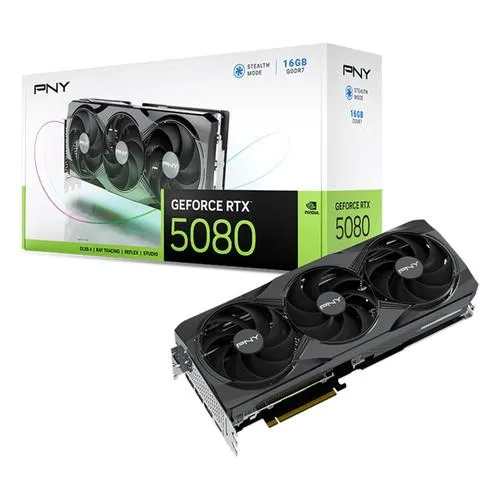 PNY RTX 5080 graphics card with three axial fans and matte black shroud