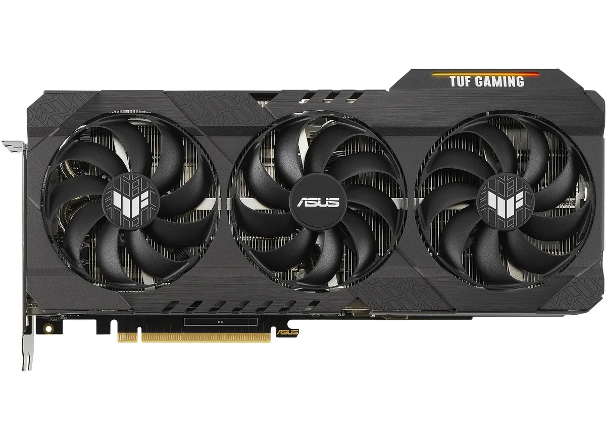 ASUS TUF Gaming RTX 3070 Ti graphics card with triple-fan cooler and metal backplate