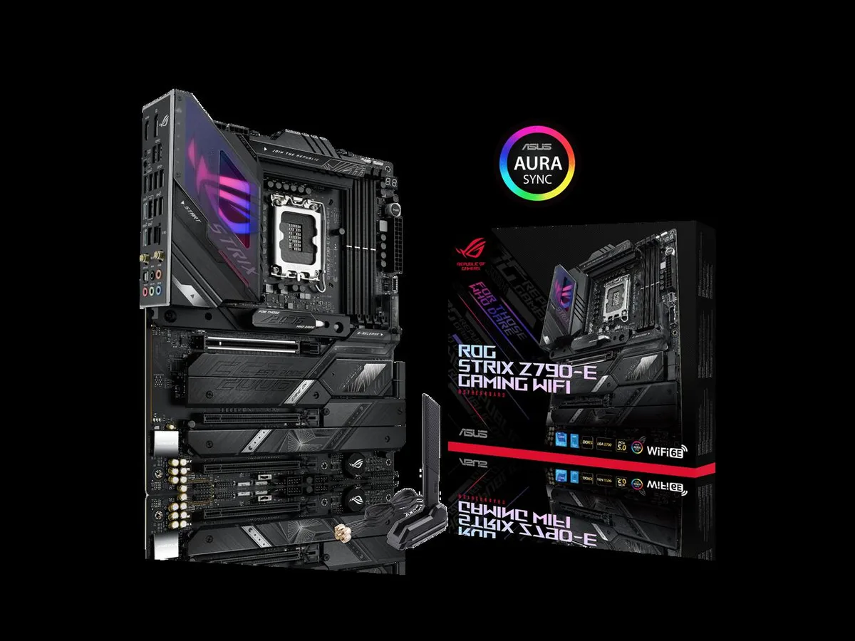ASUS ROG Strix Z790-E Gaming motherboard ATX black with silver heatsinks and RGB accents