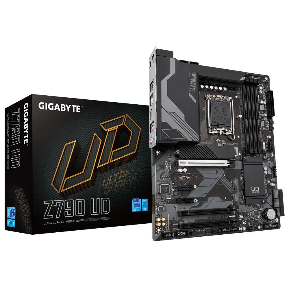 Black rectangular ATX motherboard with silver heatsinks and DDR5 slots