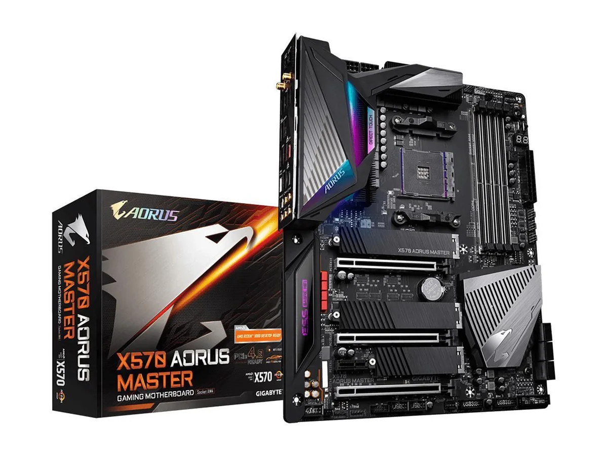 ATX motherboard with black fins-array heatsinks and I/O shield