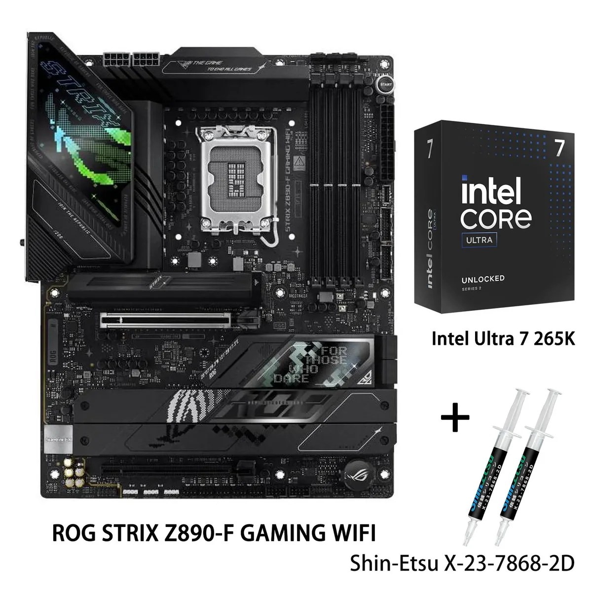 ATX motherboard with CPU installed, dark heatsinks and silver accents
